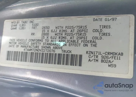 1997 Toyota Tacoma z USA, uszkodzony, nr VIN 4TAWM72N0VZ272076